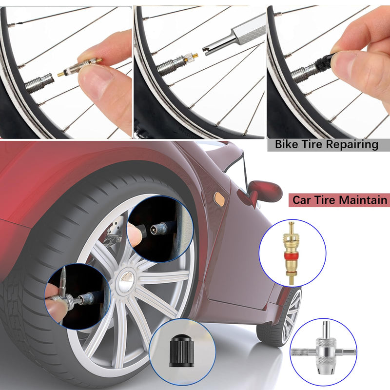 Lucstar Tire Valve Stem Removal Tool Kit, R134A R12 A/C Schrader Valve Stem Core Remover Tool for Car Bicycle Tyre RV Truck, 4 Schrader/Presta Valve Caps, 6Pcs Valve Core, 3 Automotive Tools Wrench A-13