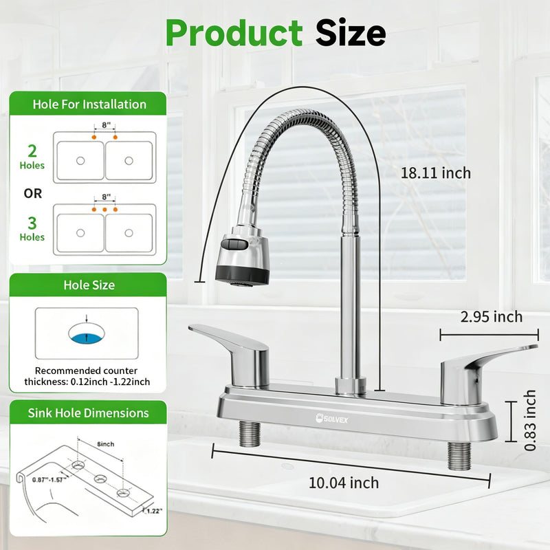 SOLVEX 2 Handle Kitchen Faucet，8 Inch High Arch 360 Swivel Stainless Steel Kitchen Sink Faucet，Modern Chrome 3 Hole Kitchen Faucets with Flexible Spout,SP-80013