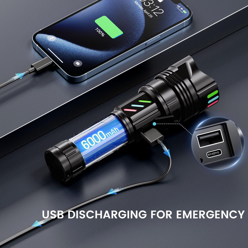 Super Bright Flashlight 100000 High Lumens Rechargeable,Powerful Long Distance 3280ft Strong LED Flash Lights,Long Lasting 10H LCD Digital USB Discharging Function,Focus & Brightness Adjustable 29 Watt Hours