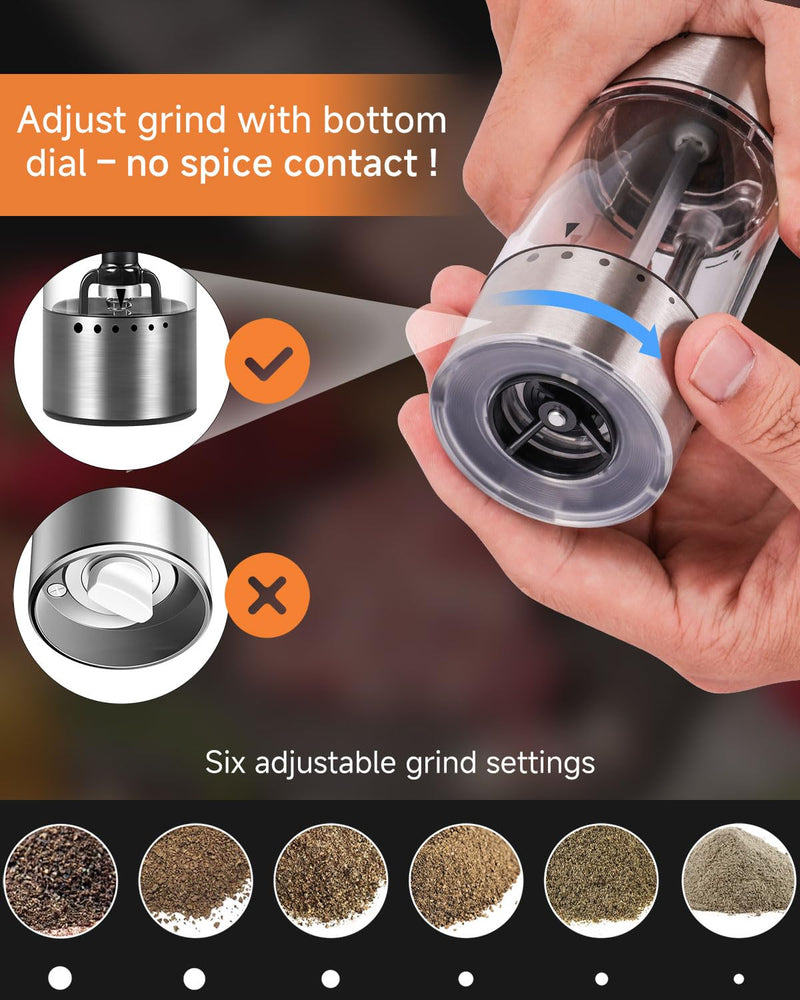USB-C Rechargeable Electric Salt & Pepper Grinder Set - External Adjustable Coarseness (6 Settings), Large Capacity, Dual-Speed Control, One-Hand, LED, Stainless Steel (2 Pack)