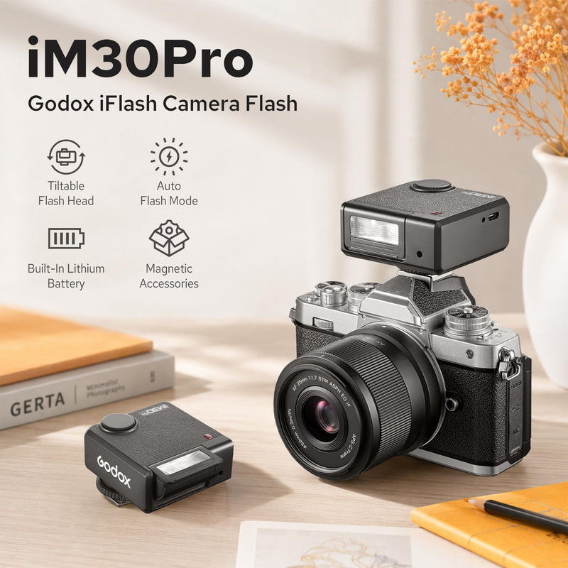 Godox iM30Pro iM30 Pro Mini Camera Flash, GN15 Mini Flash, AUTO/Manual Mode | 550 Full-Power Flashes, 1.5s Recycle Time, HD Color Screen, Built in Lithium Battery, Tiltable Head, Single-Contact Hotshoe