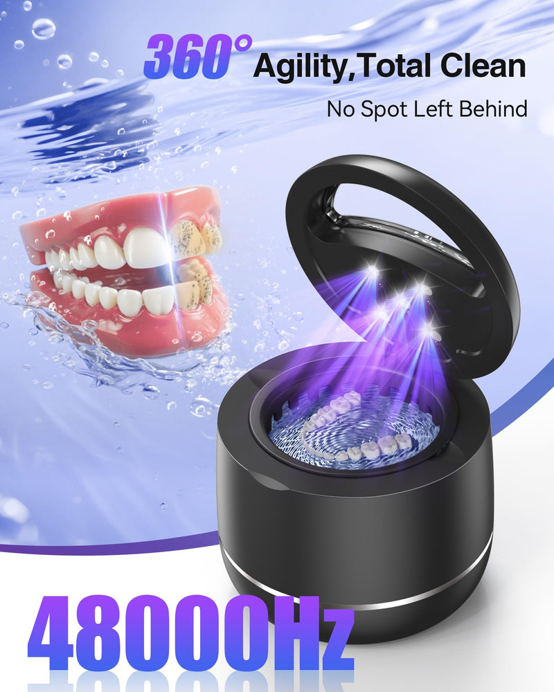 Miorcols Ultrasonic Retainer Cleaner Machine, 48kHz Denture Cleaner Machine with Dual Mode Digital Timer & 7.8OZ Large Capacity for Braces, Night Guard, Mouthguard, Toothbrush, Jewelry - Black