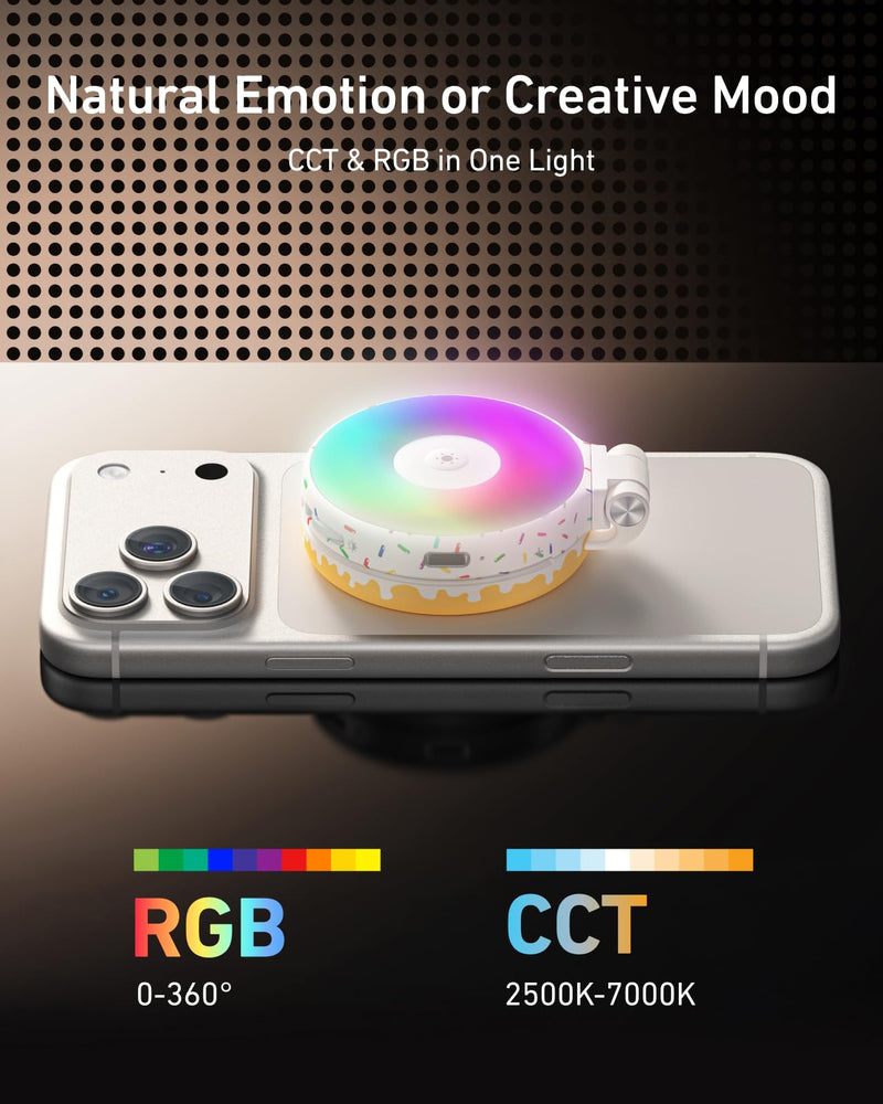 TELESIN Magnetic Selfie Light for iPhone Magsafe and Android | 360° Rotating Full Color RGB Phone Light with Mirror & Stand, LED Selfie Ring Fill Light for Pictures, TikTok, Vlog, Makeup