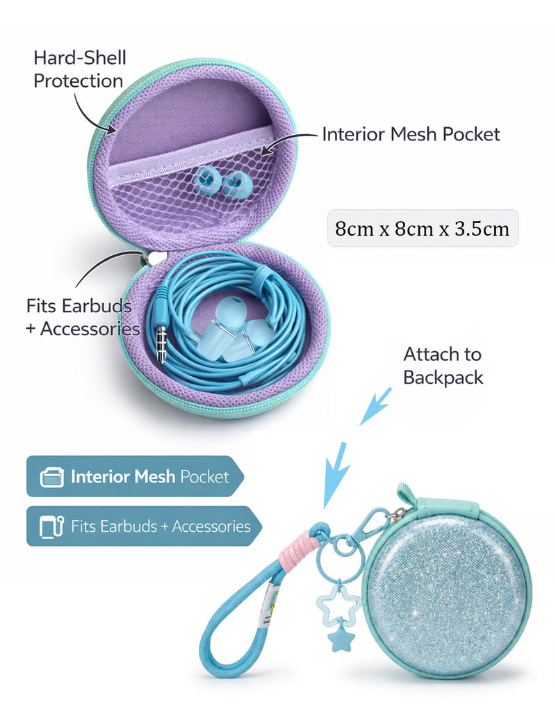 Glitter Skyblue Teens Wired Earbuds with Case, 3.5mm Headphones for School | GOGOSINIS Wired Student Earbuds with Glitter Blue Case, Braided Lanyard Wristlet & Star Keychain Charm, For School backpacks Glitter Skyblue