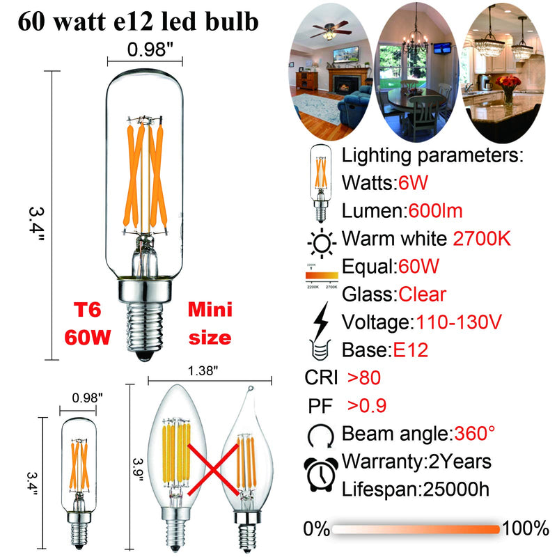 LiteHistory Dimmable E12 LED Bulb 6W Equal 60 watt led Light Bulb Warm White 2700K T6 T25 E12 Candelabra Bulb 60 watt for Chandeliers,Ceiling Fan,Pendant,Wall sconces AC120V 600LM e12 Bulb 12Pack
