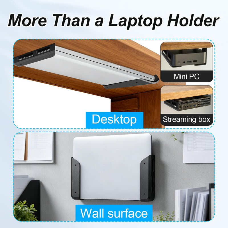 Under Desk Laptop Mount & Wall Mount Holder, Adjustable Storage Shelf Compatible for MacBooks, Surface, Keyboards, Tablets, Anti-Scratch Pads, Screws Included