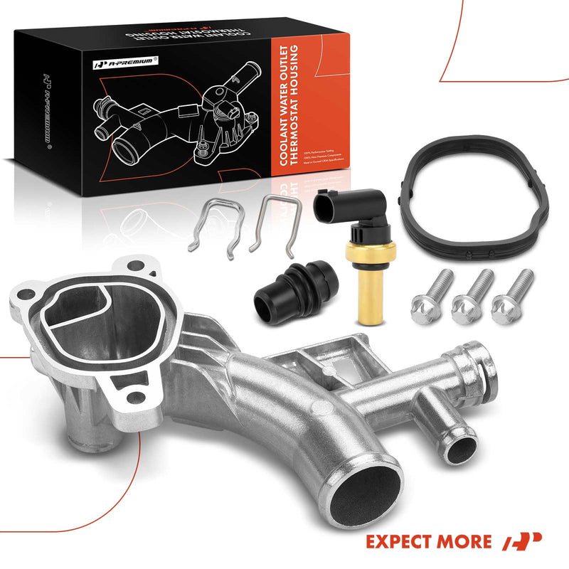 A-Premium Upgraded Aluminum Coolant Housing Water Outlet Compatible with Chevy Cruze 2011-2015, Cruze Limited 2016, Sonic 2012-2020, Trax & Buick Encore 2013-2019, 1.4L, Replace# 25193922, 55565334