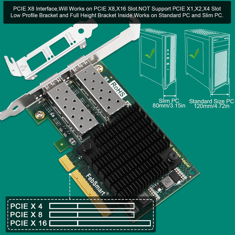 PCIE X8 Interface to 2X 10GbE SFP+ Fiber Port Converged Ethernet Adapter, Intel 82599ES 10 Gigabit Ethernet Controller, 2-Port 10GbE PCIE NIC Card, 2X 10GbE SFP+ LAN Adapter (X520-DA2)
