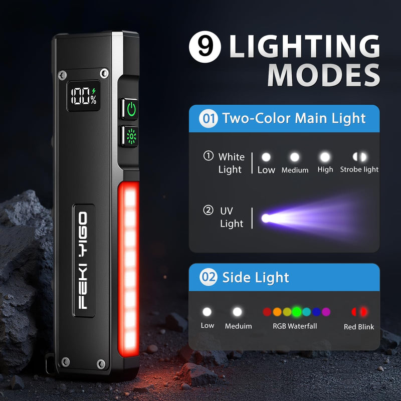 Feki Yigo Flat EDC Flashlight Rechargeable - 1800 Lumens LED Pocket Flashlight with 365nm UV Light, RGB Modes, Magnetic Base, Digital Display,IPX4 Waterproof for Camping, Emergency, Mechanics (Orange) Orange