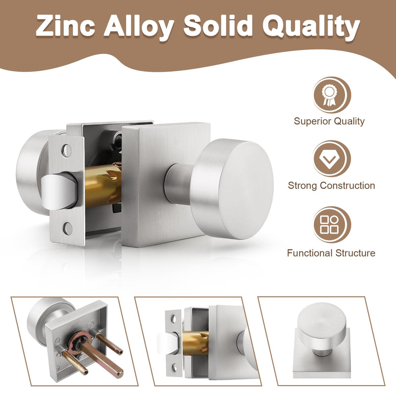 Probrico Door Knob Brushed Nickel Interior Handle for Closet and Hallway Doors, Keyless Door Knob No Lock, Interior Doorknob on Square Rose, 1 Pack Passage