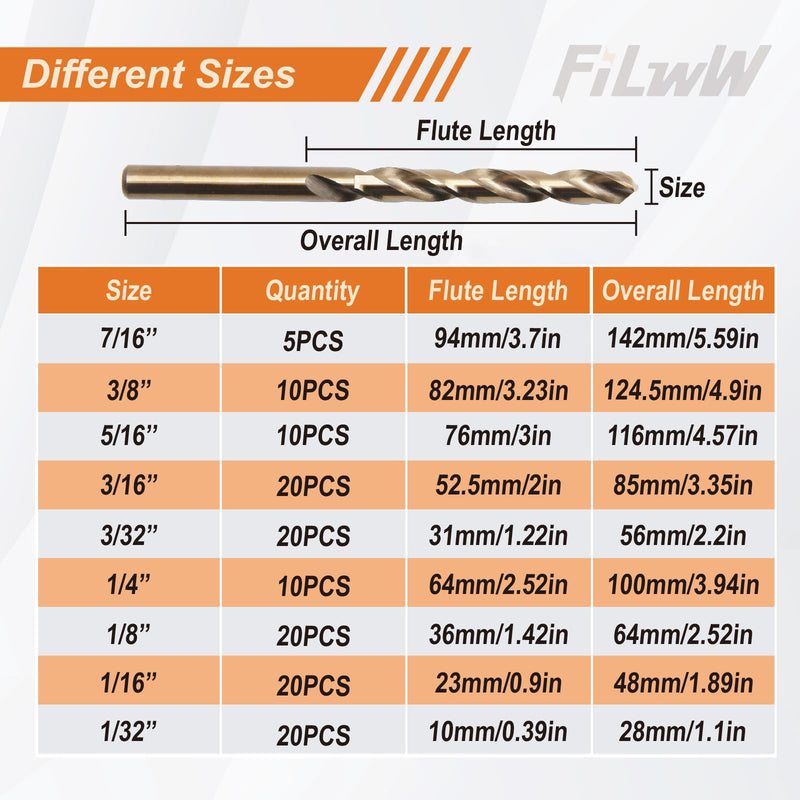 10Pcs 3/8" Cobalt Drill Bit Set, M35 High Speed Steel Jobber Length Drill Bit Kit for Hardened Metal, Stainless Steel, Cast Iron, Wood and Plastic 10Pcs 3/8"