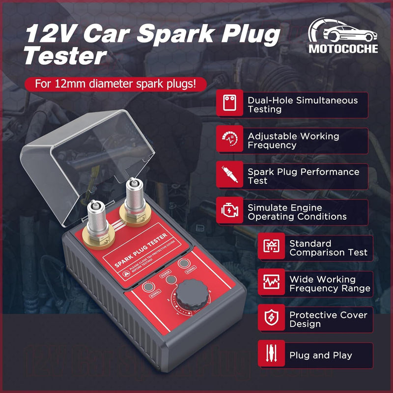 Spark Plug Tester 2 Hole, Ignition Coil Tester 0-6000rpm Adjustable Frequency, Ignition Plug Analyzer Detector for 12V Gasoline Vehicles 2 Holes-Basic
