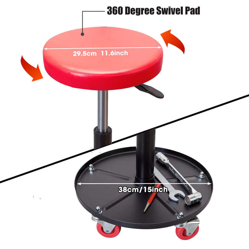 Torin ATRHL6201B Heavy Duty Rolling Pneumatic Creeper Garage/Shop Seat: Padded Adjustable Mechanic Stool with Tool Tray Storage, Red 250 LBS 250LBS Creeper Seat 1
