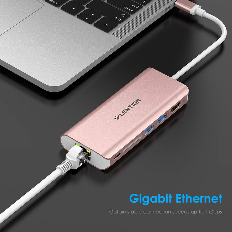 LENTION USB C Hub with 4K HDMI, SD Card Reader, 2 USB 3.0, Type C Charging & Ethernet Compatible 2023-2016 MacBook Pro, New Mac Air/Surface/Steam Deck, More, Stable Driver Adapter (CB-C68, Rose Gold)