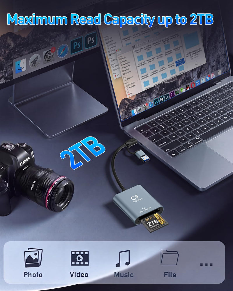 CFexpress Type B & SD Card Reader, USB 3.2 10Gbps Dual Slot, 2-in-1 USB-C/USB-A CFexpress Type B Adapter for Windows/Mac/Linux/Android, Ideal for Photographers & Videographers Gray