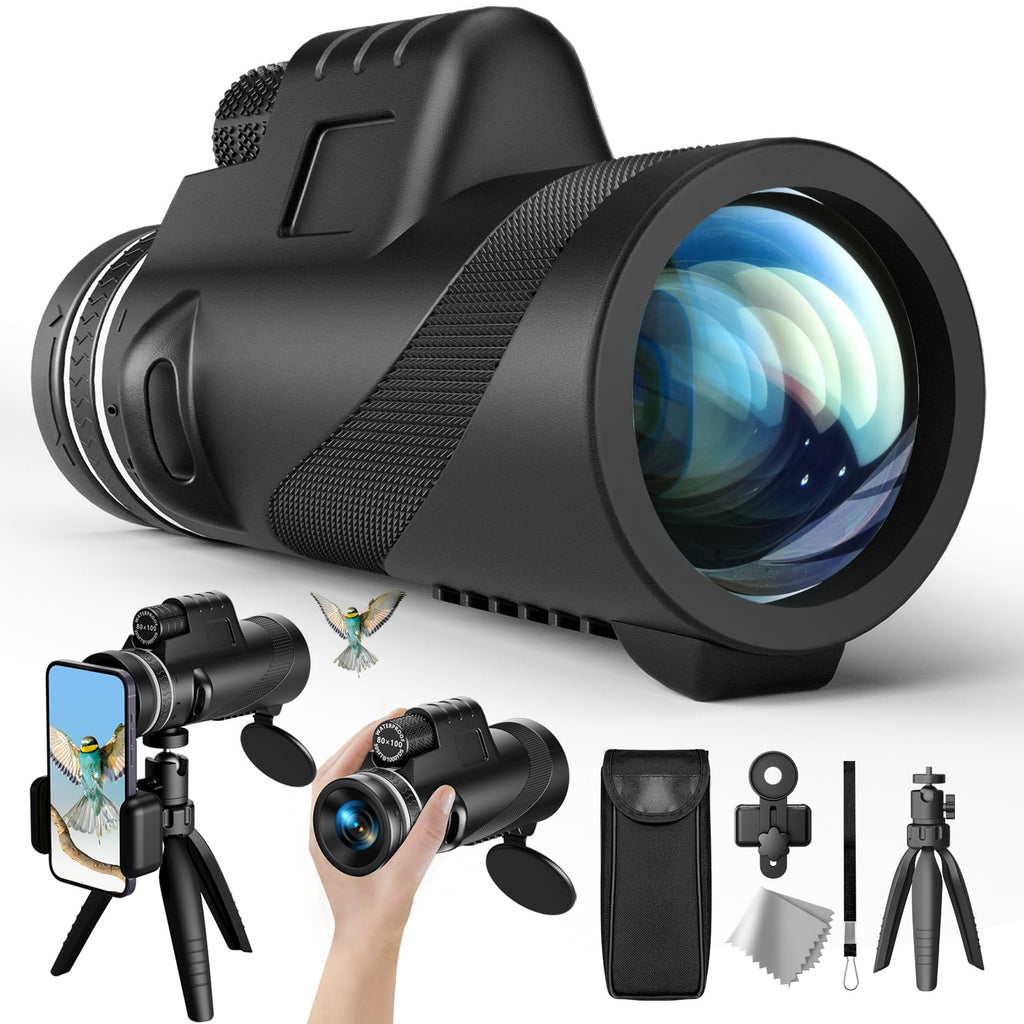 80x100 HD Monocular Telescope, Monoculars for Adults High Powered with Smartphone Adapter & Tripod, Portable Monocular for Hunting Hiking Star Bird Watching 80x100