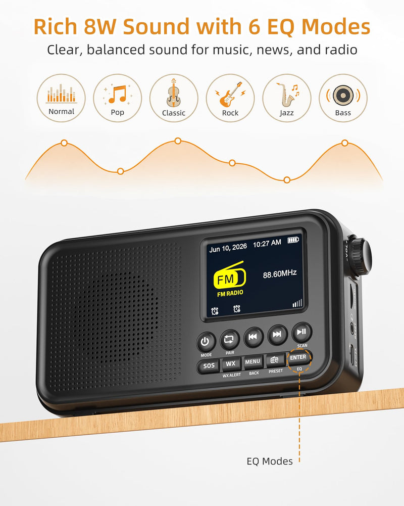 Mesqool FM Radio, Portable Radio with Bluetooth & NOAA Weather Alert | Auto Scan, 40 Presets, 8W Sound, 2.4" Color Display, USB-C Charging, microSD Playback, Dual Alarms, Sleep Timer, 6 EQ Modes Black