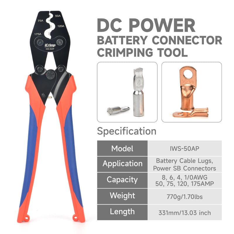 iCrimp IWS-50AP Battery Cable Crimping Tool for Power 50A & 75A Connectors, Anderson SB50 SB120 SB175 Connectors, AWG 8-1/0 Battery Cable Lugs