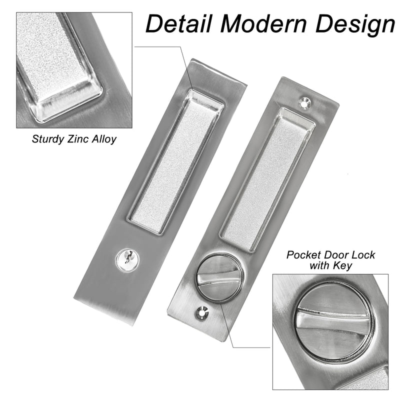 Pocket Door Lock with Key Privacy Pocket Door Handle Hardware with Lock for Bathroom Bedroom Invisible Rectangular Edge Pull Furniture Hardware(Brushed Sliver, 7 Inch) Brushed Nickel