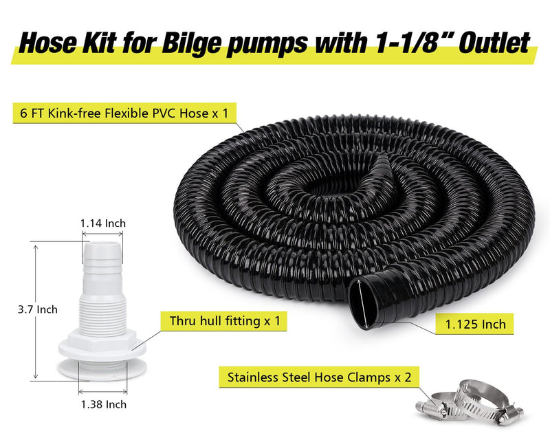 Plumbing Kit Included 6FT Kink-Free Flexible PVC Hose, 2 Stainless Steel Clamps & Thru-Hull Fitting Easy to Install for Boat Bilge Pumps with 1-1/8” Outlet Ideal for Fishing Boats Cruisers Yachts
