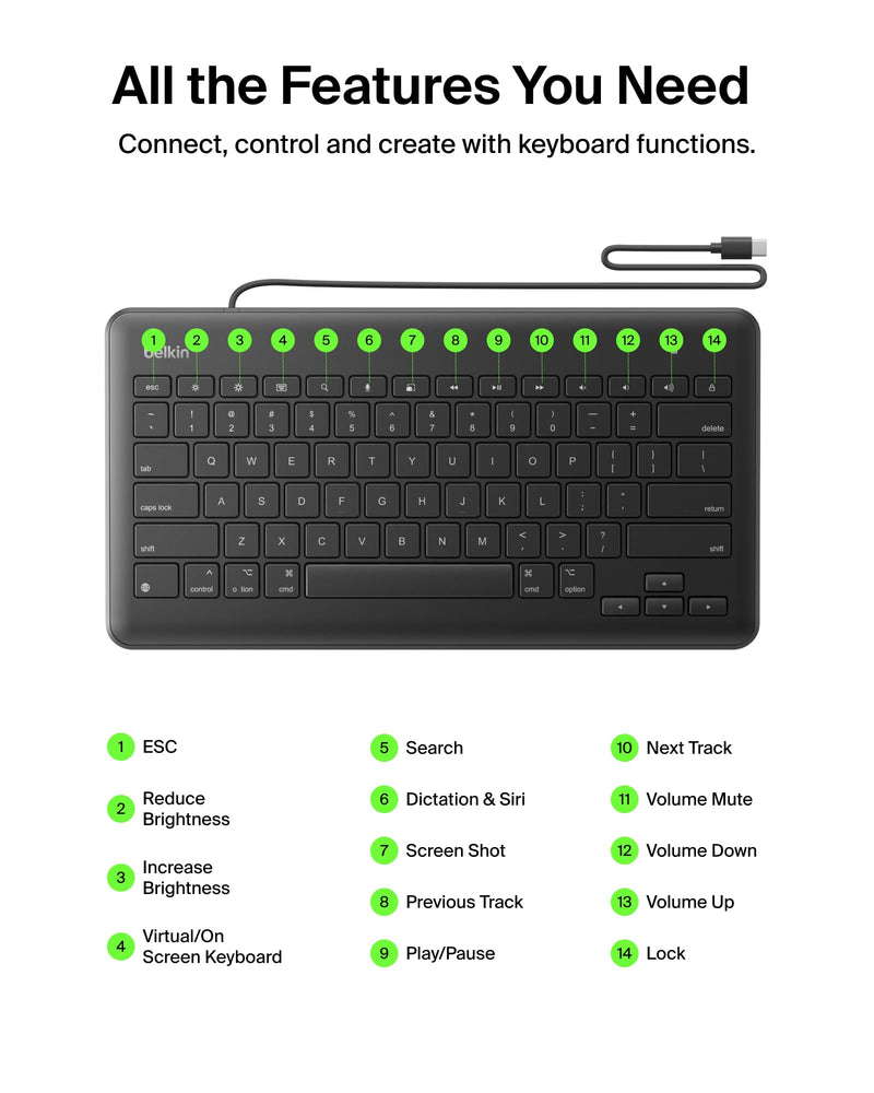 Belkin USB-C Wired Keyboard Full-Size, Plug & Play iPad A16/10th Gen | no batteries required, durable accessory, schools, offices, travel, full-size keys, classroom tablet