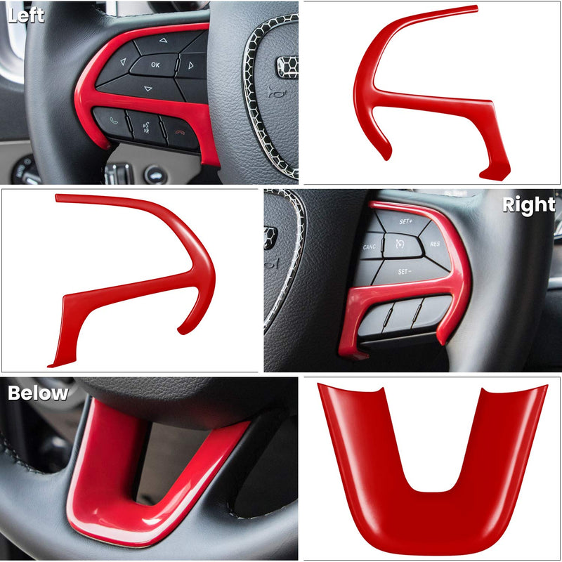 Steering Wheel Cover Trim Interior Accessories Decoration Kit for 2015-2024 Dodge Challenger Charger, for 2014-2024 Dodge Durango & Jeep Grand Cherokee SRT8 (Red 3PCS) Red