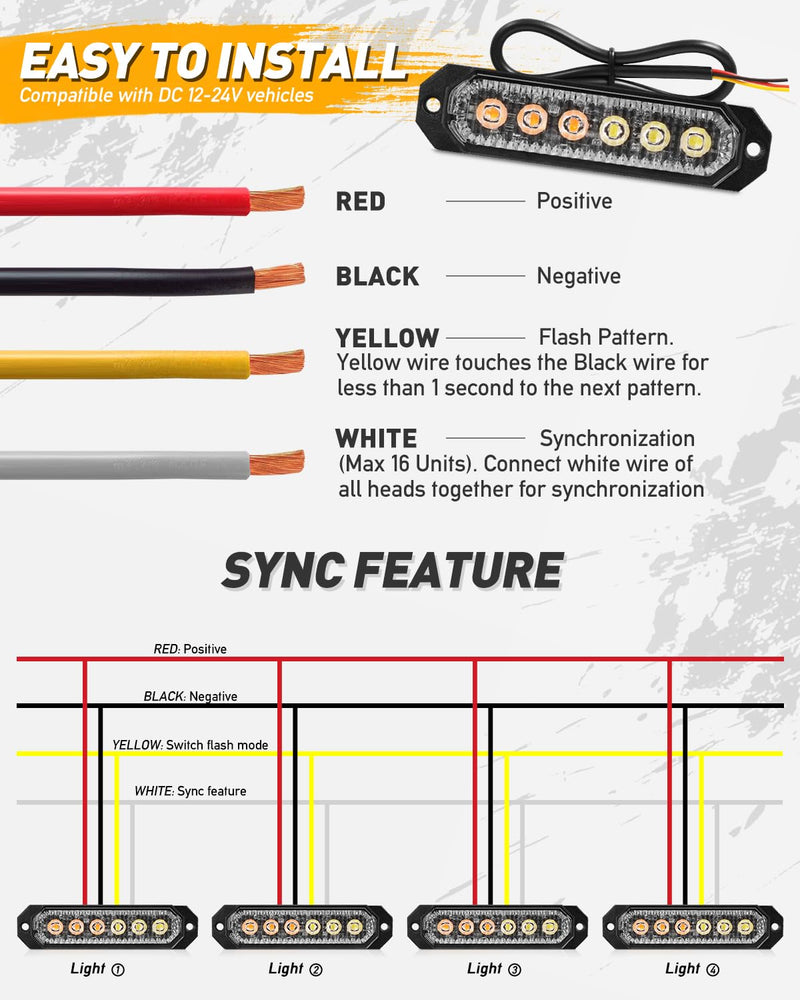 HLauto 406T Emergency Strobe Grille Lights: 4Pcs 6 LED Sync Feature Safety Warning Flashing Light, 12V-24V Ultra Slim Surface Mount Hazard Caution Light for Truck, Vehicle, Car, ATV, UTV (Amber White) Amber/White