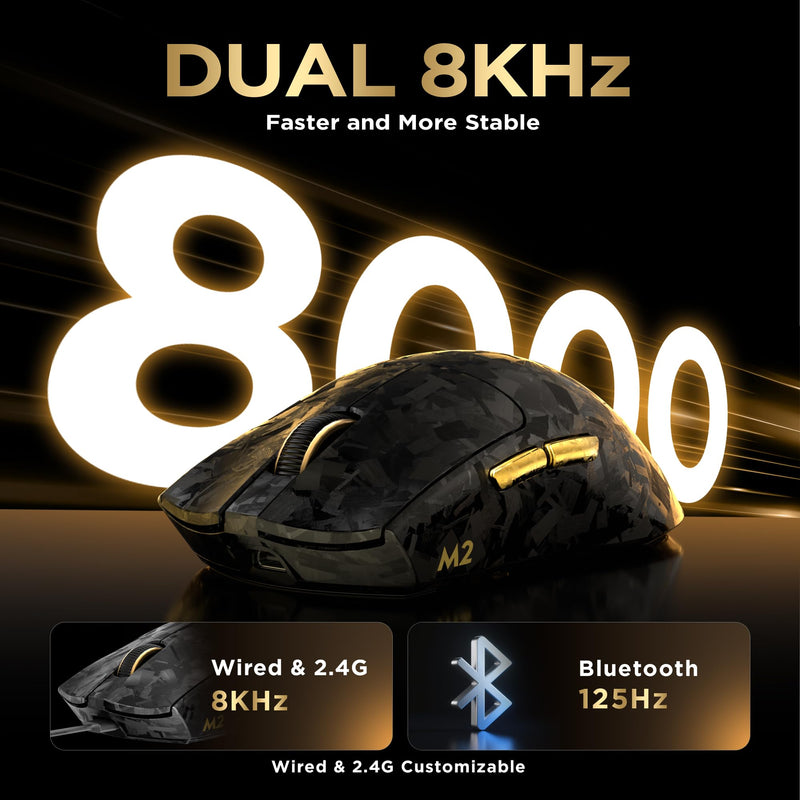 YUNZII M2 Dual 8K Wireless Gaming Mouse, PAW3395, 6-Level DPI(Black) | Carbon Fiber Decorative Pattern,Up to 30000 DPI,63g Ultra-Lightweight,Software and Web customization,Wired/BT/2.4GHz,500mAh Black