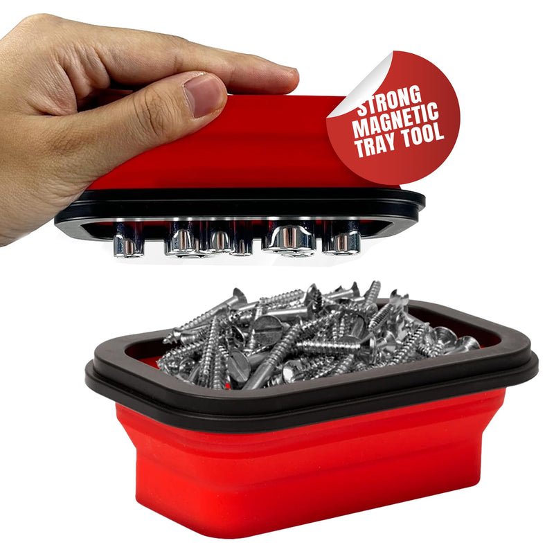 Magnetic Parts Tray Set 3-Pack - Collapsible Silicone Magnetic Tray with Strong Base - Multi-Size (Red) Red