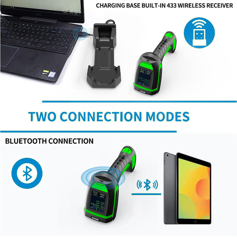 Symcode Upgraded 2D Barcode Scanner with Display Screen 1968 Feet Transmission Distance with Wireless Charging Cradle Bluetooth 433Mhz Wireless USB Wired Handheld Shock Dust Proof Bar Code Scanner