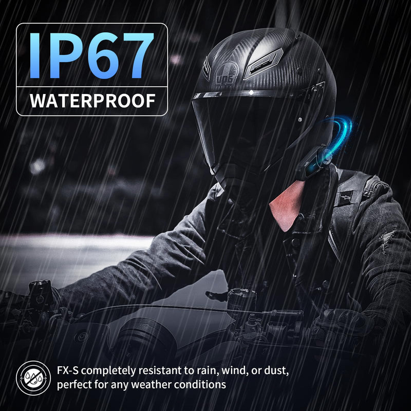Fodsports FX-S Motorcycle Bluetooth Headset V5.4, 2-Way Helmet Intercom Communication System with IP67 Waterproof, CVC Noise Cancellation, Hands-Free Music/Call, 2 Type Mics, Black, 1 Pack Single Pack