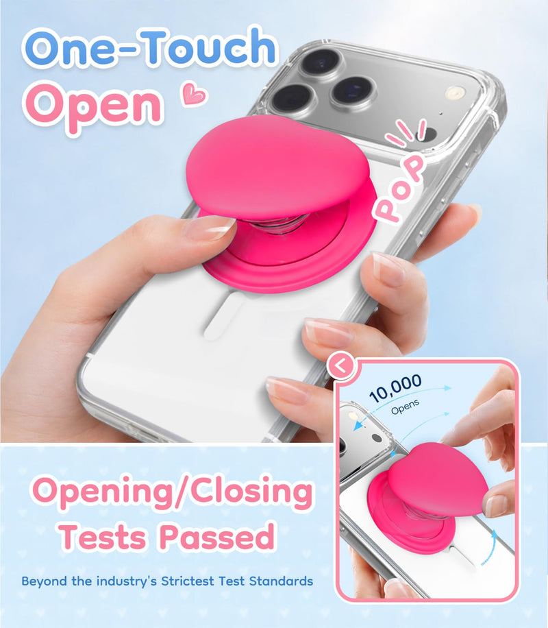Cute Heart for MagSafe Phone Grip, Soft Silicone, Neonpink | Magnetic Finger Grip Holder & Adjustable Kickstand, One-Touch Attachment for iPhone 17 16 15 14 13 12 11 Samsung
