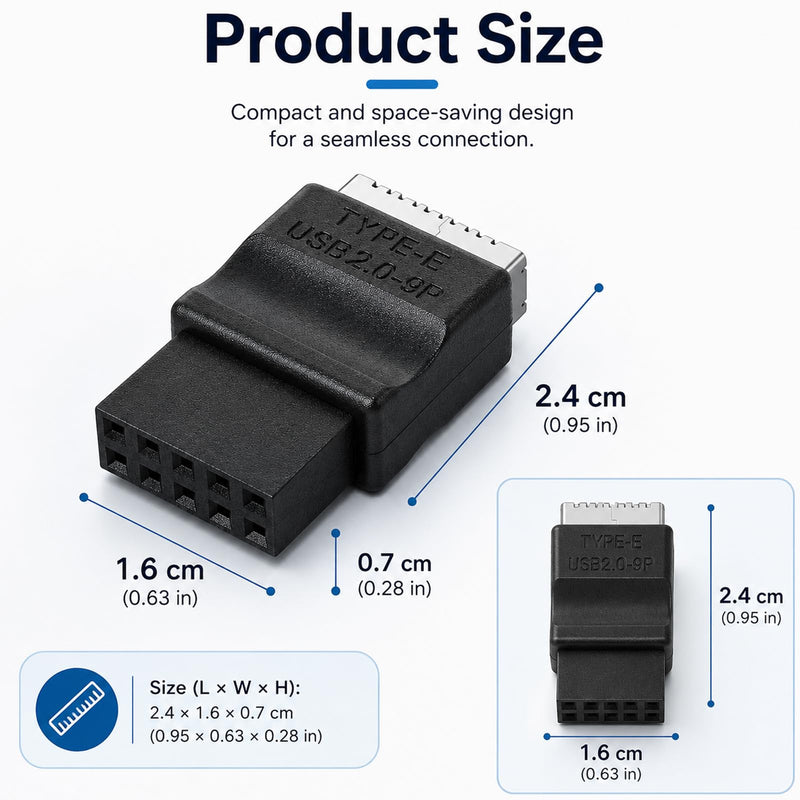 USB 2.0 to USB 3.2 Gen 1 Header Adapter for Mainboard, Front Panel Connector, Internal Conversion Adapter with Type E Key-A Female Front Panel Socket to 9 Pin Header Black