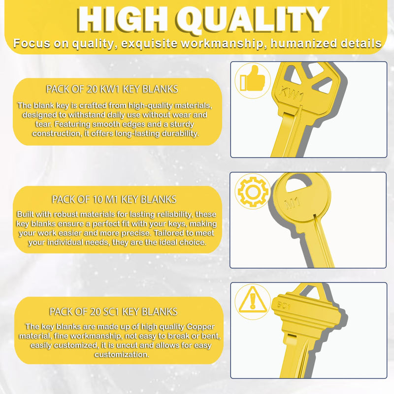 Key Blanks in Premium Quality Brass Assortment: Uncut Key Blanks 20 KW1, 20 SC1, 10 M1 for Home and Professional Use (Pack of 50 Keys) Copper