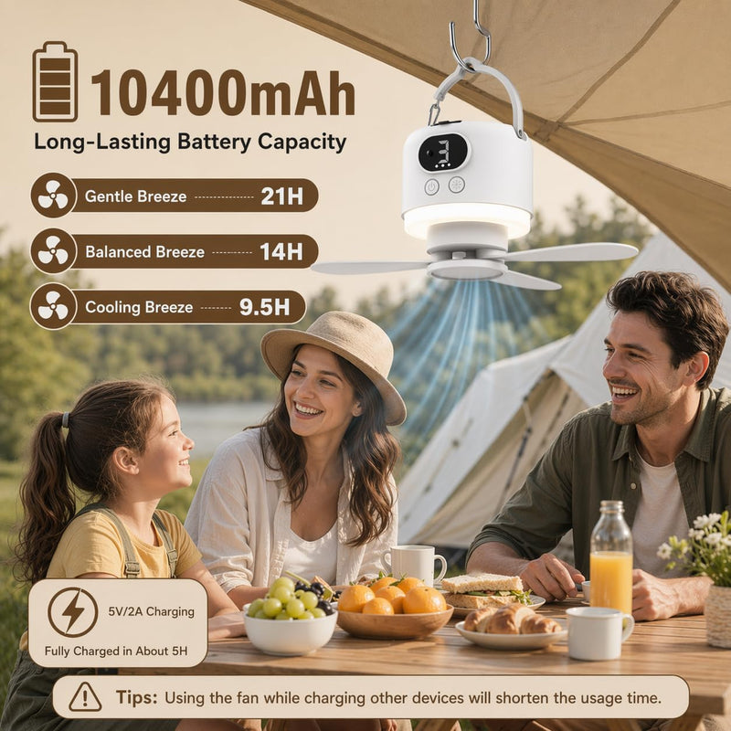 Camping Tent Fan with Light, Rechargeable Hanging Fan with Remote | 10400mAh Rechargeable Battery, USB-C Charging, 3 Speeds, Timer, LED Light, Tent, RV & Outdoor Use White