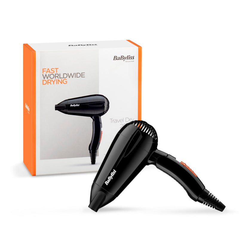 BaByliss Travel Folding Hair Dryer - Lightweight and Powerful 2000W Blow Dryer, Dual Voltage, Worldwide Use, 2 Heat/Speed Settings, Black/Orange, 5334U