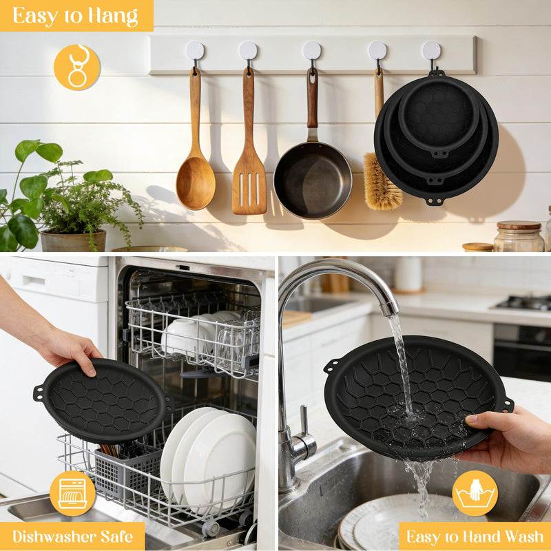 3 Piece Set Silicone Pan Protectors (Includes 8",10",12"), Pan Separators for Stacking Compatible with Hexclad, Tfal, All-Clad Nonstick Frying Pans and More, Cookware Protector, Dishwasher Safe, Black