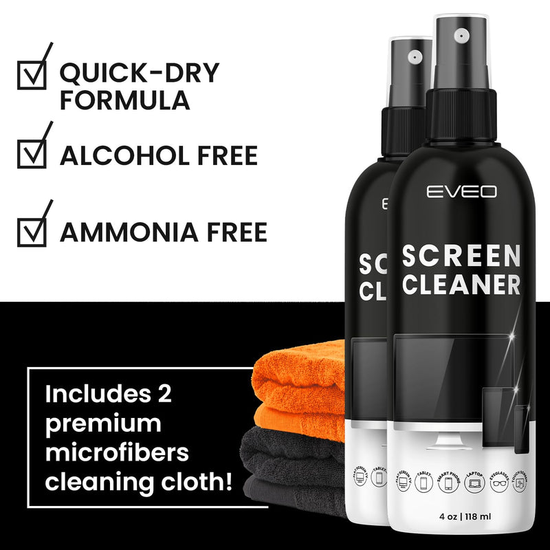 Screen Cleaner Spray - TV screen cleaner spray and Microfiber cloth kit, Computer Screen Cleaner & Car Screen Cleaner for TV, Monitor, Laptop, MacBook, iPad, iPhone and Electronic Devices - 8oz(4ozx2)