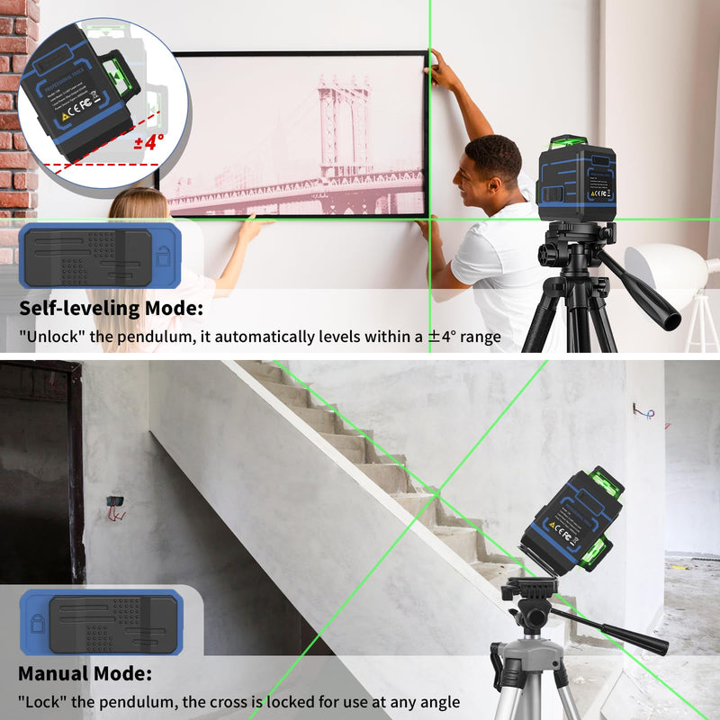 Laser Level 360 Self Leveling, 3 x 360° Cross Line Lazer Leveler Tool for Construction and Picture Hanging, Rechargeable Nivel Laser Outdoor, L-Magnetic Bracket Included 12 Line-Green