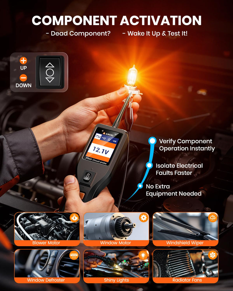 ANCEL PB60 Automotive Power Circuit Probe Tester, 12-24 V Car Electrical Diagnostic Tool with Component Activation Ohmmeter, Easy to Use, Suitable for DIY Enthusiasts, Garage, Trailer Wiring Repair