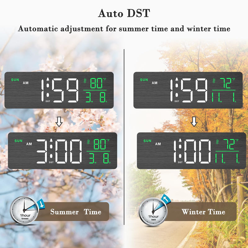 DreamSky Wooden Digital Alarm Clocks for Bedrooms – Large Display Desk Clock with Date & Day of Week for Living Room, Temperature, Dimmer, Adjustable Volume, Auto DST, Office Wood Décor (Plug-in) Black-white-green (Plug-in)
