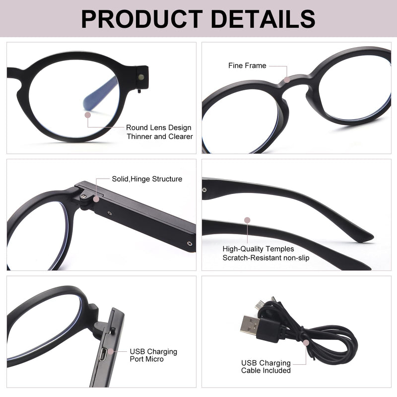 OKH Lighted Up Reading Glasses Rechargeable Bright LED Readers with Rechargeable Lights for Women Men Round-black-2pcs 2.5 x