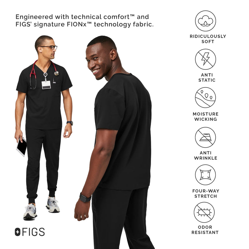 FIGS Leon Scrub Top for Men – 3 Pockets, Tailored Fit, Modern V-Neck, 4-Way Stretch, Moisture-Wicking Medium Black