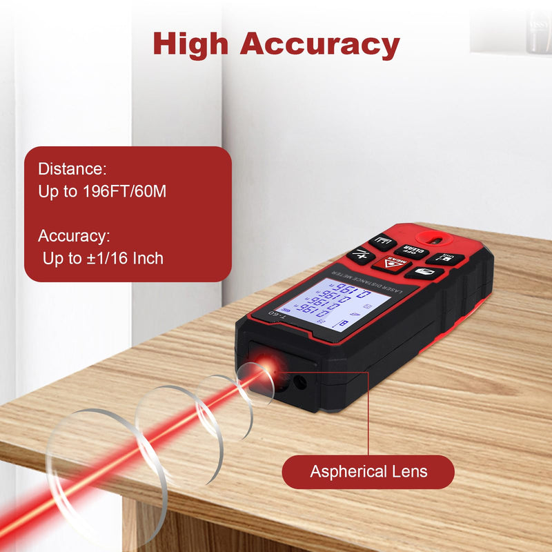 196Ft/60M Laser Distance Meter, ±1/16 Inch High Accuracy Laser Measurement Tool with Backlit LCD Display, Pythagorean/Area/Volume Calculation Mode, M/in/Ft Units, Bubble Level, Durable Design