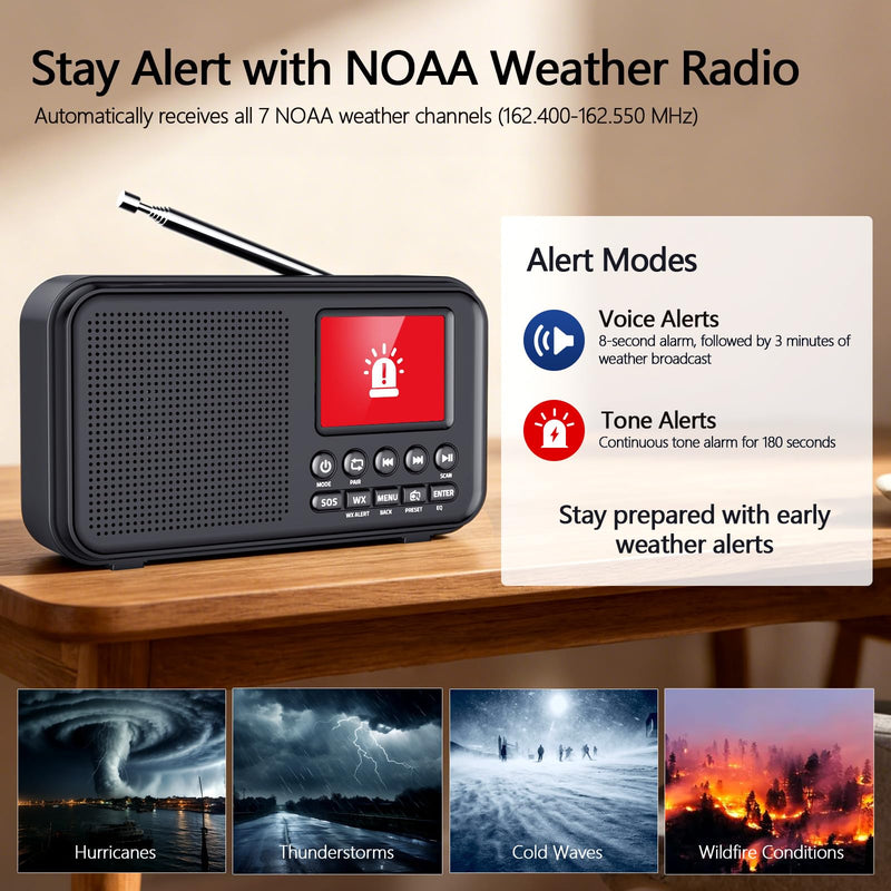 OnLyee Portable FM Radio with Bluetooth, NOAA Weather Alert, Black | 2.4" Color Display, 40 Preset, 8W Clear Sound, 3000mAh Rechargeable, Sleep Timer, MicroSD Playback, Headphone Jack, Home
