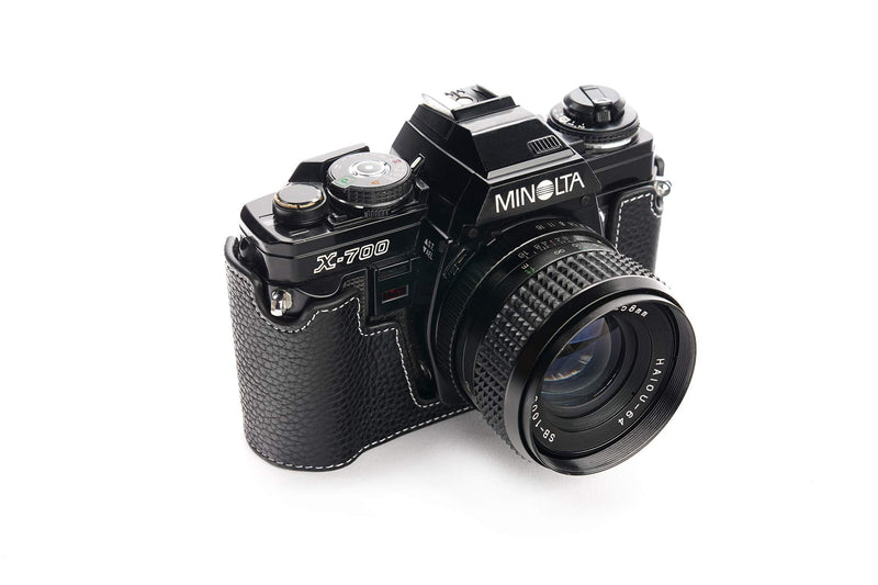 Minolta X-700 Case, BolinUS Handmade Genuine Real Leather Half Camera Case Bag Cover for Minolta X-700 with Hand Strap (Black) Black