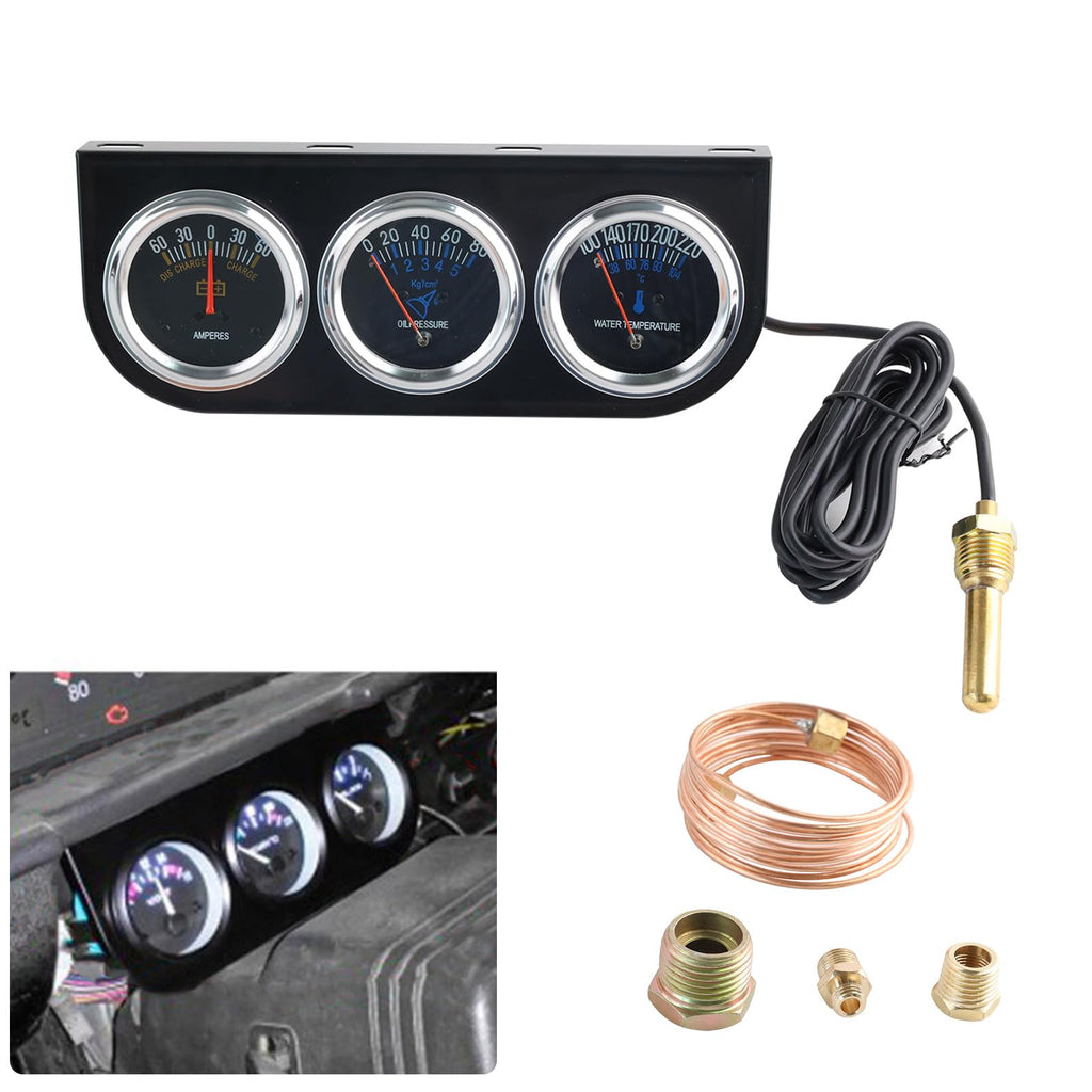 Triple Gauge Kit Oil/AMP/Water,Mechanical 2'' 52mm Chrome Triple Gauge Set Water Temp Oil Pressure AMP Meter