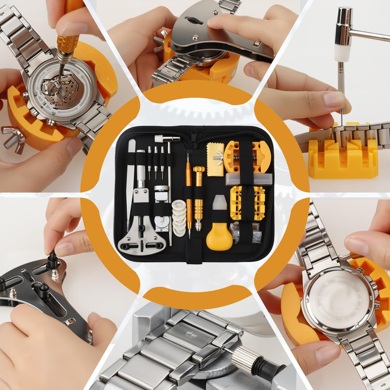 Watch Repair Tool Kit, Suitable for Battery Replacement & Watch Link Removal and Adjustment, Including Multi-Size Screwdriver Set, Tool Hammer, Watch Back Cover Disassembly Tool, and Portable Carrying Case, with User Manual.