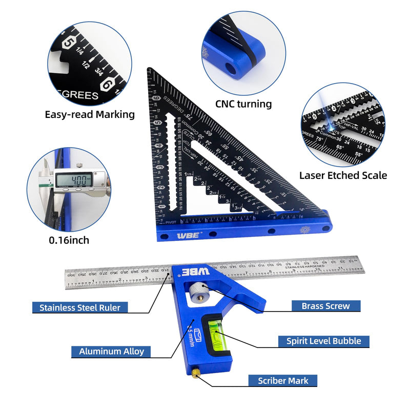 7inch Rafter Square and 12inch Combination Square Set -CNC-Machined Aluminum Alloy,Heavy Duty Carpenter Square for Woodworking and Home DIY Blue