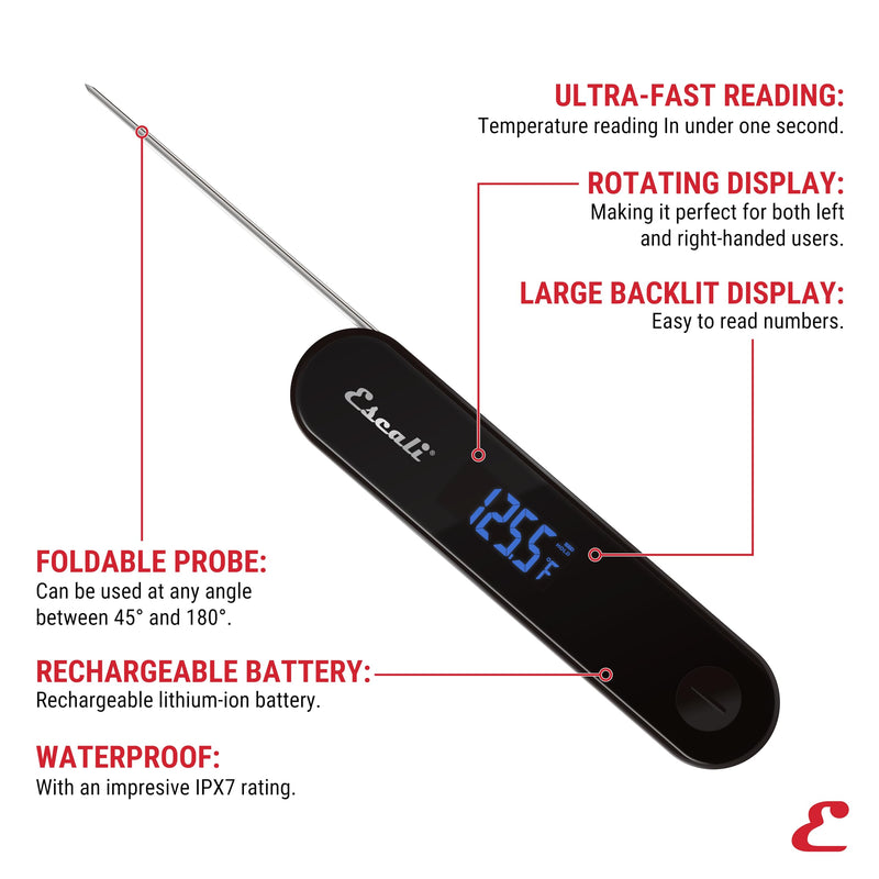 Escali Stelo Waterproof Folding Thermometer for Cooking Instant Read Rechargeable Meat Thermometer with Thermocouple Technology